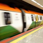 Blurred motion of a metro train at an indoor subway station in İstanbul.